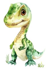 A vibrant watercolor painting of a green and white dinosaur. Ideal for educational materials or children's books