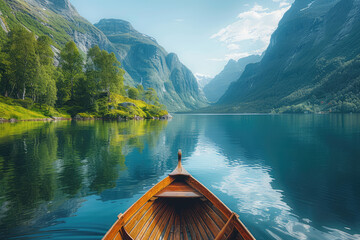  A wooden boat is sailing on the fjord of Norway, surrounded by lush green mountains and reflecting in the crystal clear waters. Created with Ai - obrazy, fototapety, plakaty