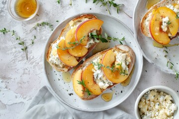 Artful spread of peach crostini with honey and gorgonzola, on a minimalist white plate