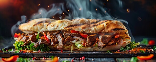  grilled beef  or chicken  shawarma doner sandwich with smoke, hot ready to serve and eat food...