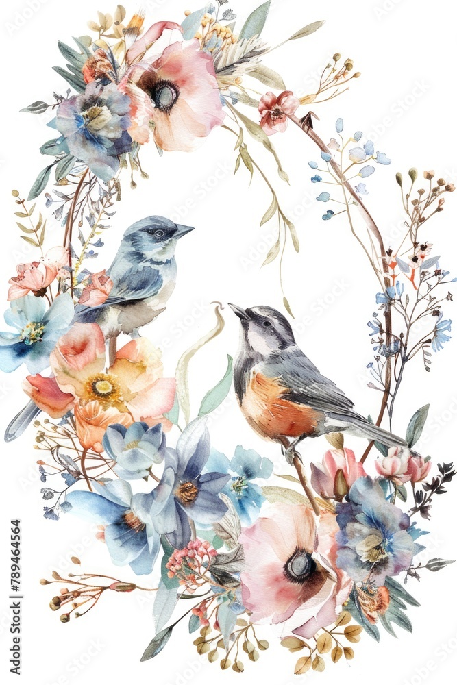 Sticker Beautiful wreath of watercolor flowers and birds on a white background. Perfect for invitations and greeting cards