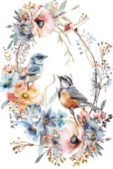 Beautiful wreath of watercolor flowers and birds on a white background. Perfect for invitations and greeting cards