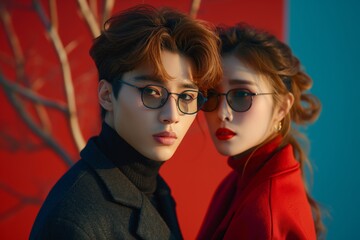 Obraz premium Stylish duo in cool eyewear against a vibrant neon backdrop exudes a modern