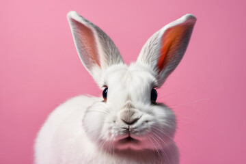 Fototapeta premium Close-up of a white fluffy rabbit on a pink pastel background. Easter bunny for Easter.