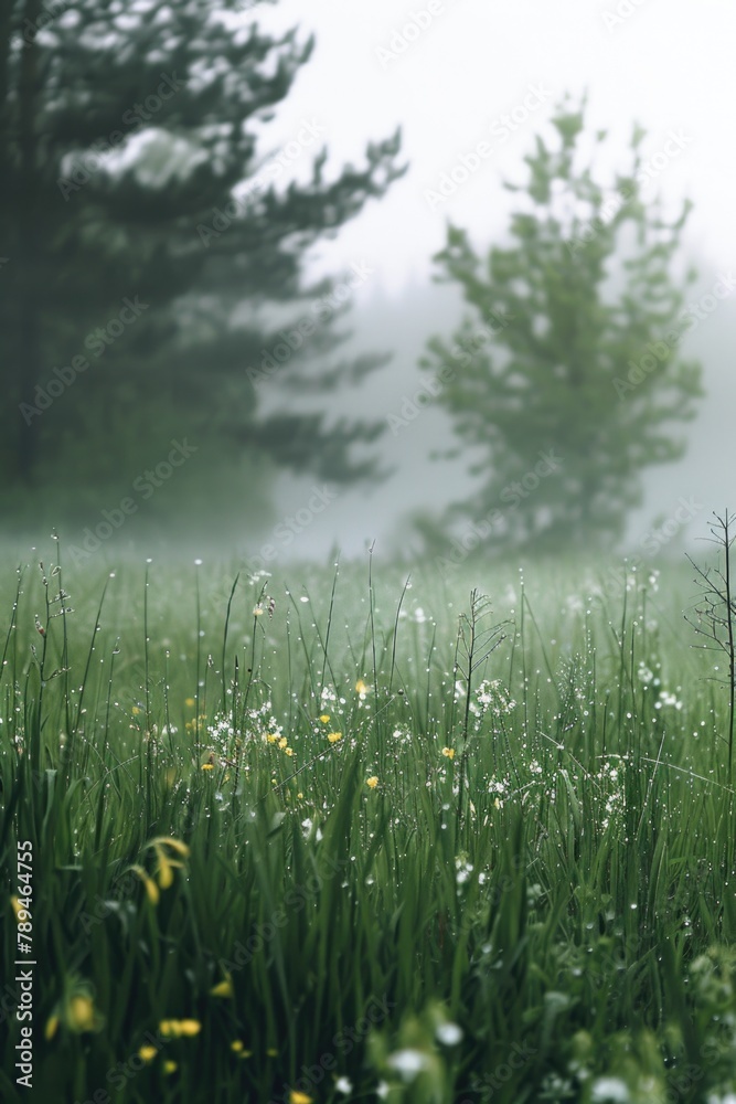 Poster a serene field of grass and colorful flowers with trees in the background. perfect for nature lovers
