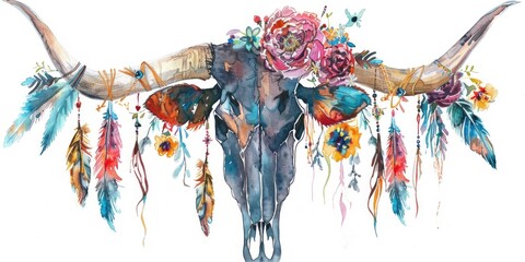 Watercolor painting of a bull skull adorned with flowers and feathers. Suitable for bohemian or southwestern themed designs - obrazy, fototapety, plakaty