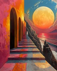 A surreal dreamscape where the laws of physics are mere suggestions, pop colors, classic illustration of a 50s era, vintage & pop background, wallpaper, poster design, banner, card