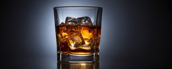 A glass filled with whiskey and ice cubes stands against a dark grey background. The ice glistens in the light.