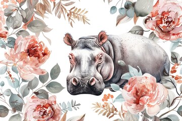A cute hippo surrounded by colorful flowers and green leaves. Perfect for nature lovers and animal enthusiasts - obrazy, fototapety, plakaty
