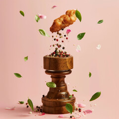 The meat with crumbs of pepper falling from the pepper mill and surrounded by basil leaves. The colors are pink, green, and brownish