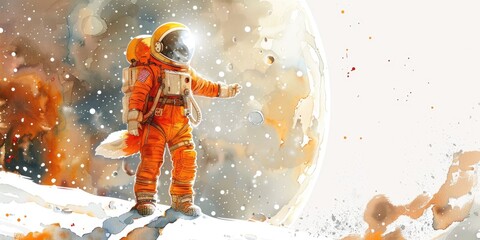 A man in an orange space suit standing in the snow. Suitable for space exploration or winter themed designs