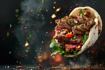  grilled beef  or chicken  shawarma doner sandwich with smoke, hot ready to serve and eat food commercial advertisement menu banner with copy space area