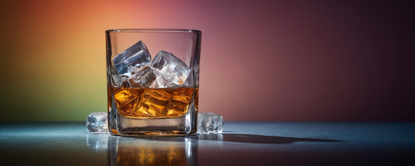 A glass filled with ice cubes and whiskey stands on a surface against a multi-coloured background.