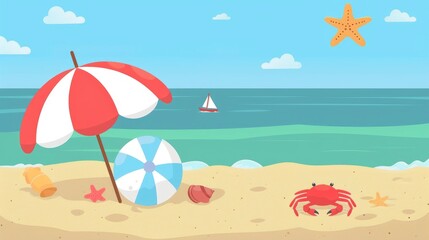 Fototapeta na wymiar A beach ball, an umbrella and crabs on the sand with simple shapes and flat colors, no shadows.