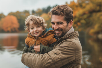 Fototapeta premium Father holding son with autumn leaves in background, Concept of family bonding and seasonal outdoor activities.
