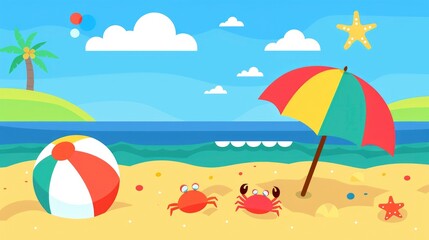 A beach ball, an umbrella and crabs on the sand with simple shapes and flat colors, no shadows. 
