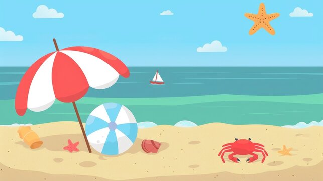 A beach ball, an umbrella and crabs on the sand with simple shapes and flat colors, no shadows.