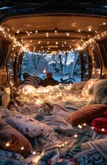 A photo shows the trunk space of an SUV decorated with fairy lights and surrounded by cozy blankets, creating a romantic atmosphere for a date night