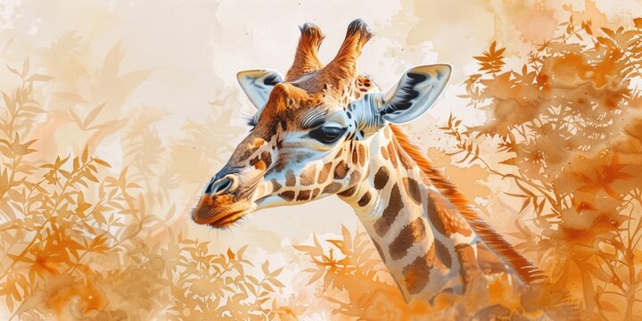 A painting of a giraffe standing in a field, suitable for nature and wildlife themes