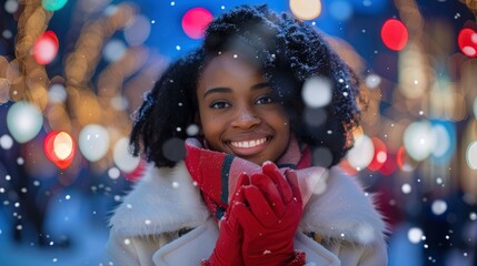 A beautiful woman in white winter coat with red scarf and gloves standing on the street of downtown St Louis - obrazy, fototapety, plakaty