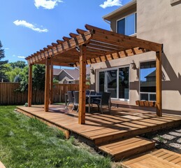 Fototapeta na wymiar A wooden deck with an attached arbor and roof on the side, patio cover installation, full view of backyard in Colorado