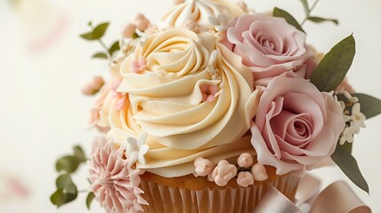 Obraz na płótnie Canvas Artfully Designed Cupcake with Delicate Roses and Satiny Ribbon