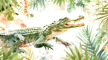 Detailed watercolor painting of an alligator in a lush jungle setting. Perfect for nature and wildlife enthusiasts - obrazy, fototapety, plakaty