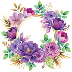 A beautiful flower arrangement with a gold frame. The flowers are purple and green, and the frame is gold. The arrangement is very pretty and elegant