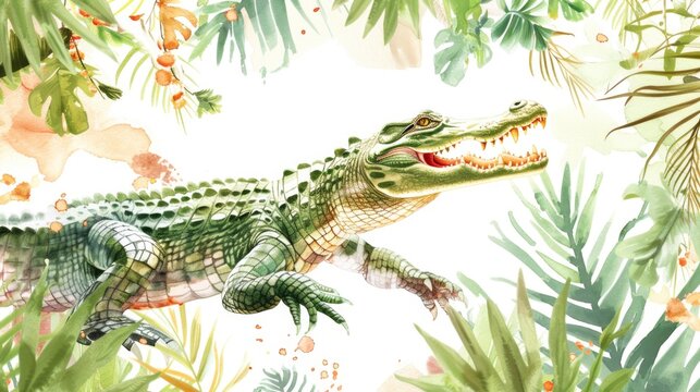 Detailed watercolor painting of an alligator in a lush jungle setting. Perfect for nature and wildlife enthusiasts