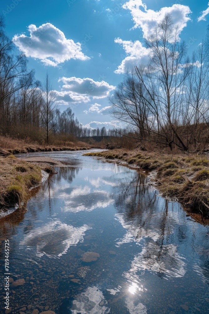 Poster A peaceful image of a small stream running through a dry grass covered field. Ideal for nature and landscape concepts