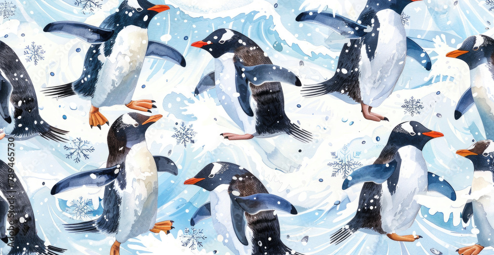 Sticker Group of penguins standing on snow, suitable for winter themes