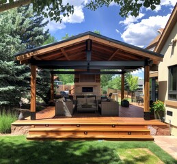 A wooden deck with an attached arbor and roof on the side, patio cover installation, full view of backyard in Colorado