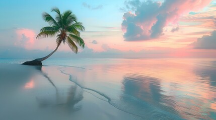 Serene beach scene at sunrise, soft pastel colors, calm waters, and a solitary palm tree. 