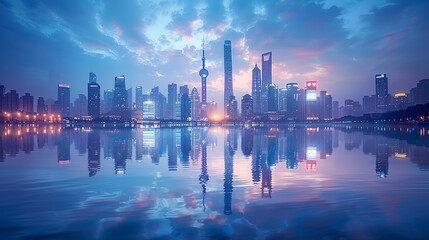 Obraz premium Dynamic cityscape with modern skyscrapers reflected in a tranquil river under the blue twilight sky. 