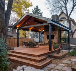 Obraz premium A wooden deck with an attached arbor and roof on the side, patio cover installation, full view of backyard in Colorado