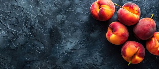 Top view of a black stone background with ripe peaches. Emphasizing a healthy food concept and providing copy space.