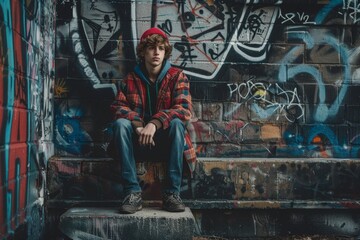 Young man sitting on a ledge in front of a graffiti covered wall