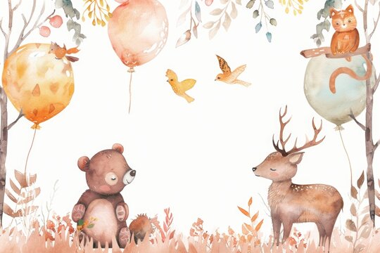 A painting of a bear and a deer in a forest. Suitable for nature themes