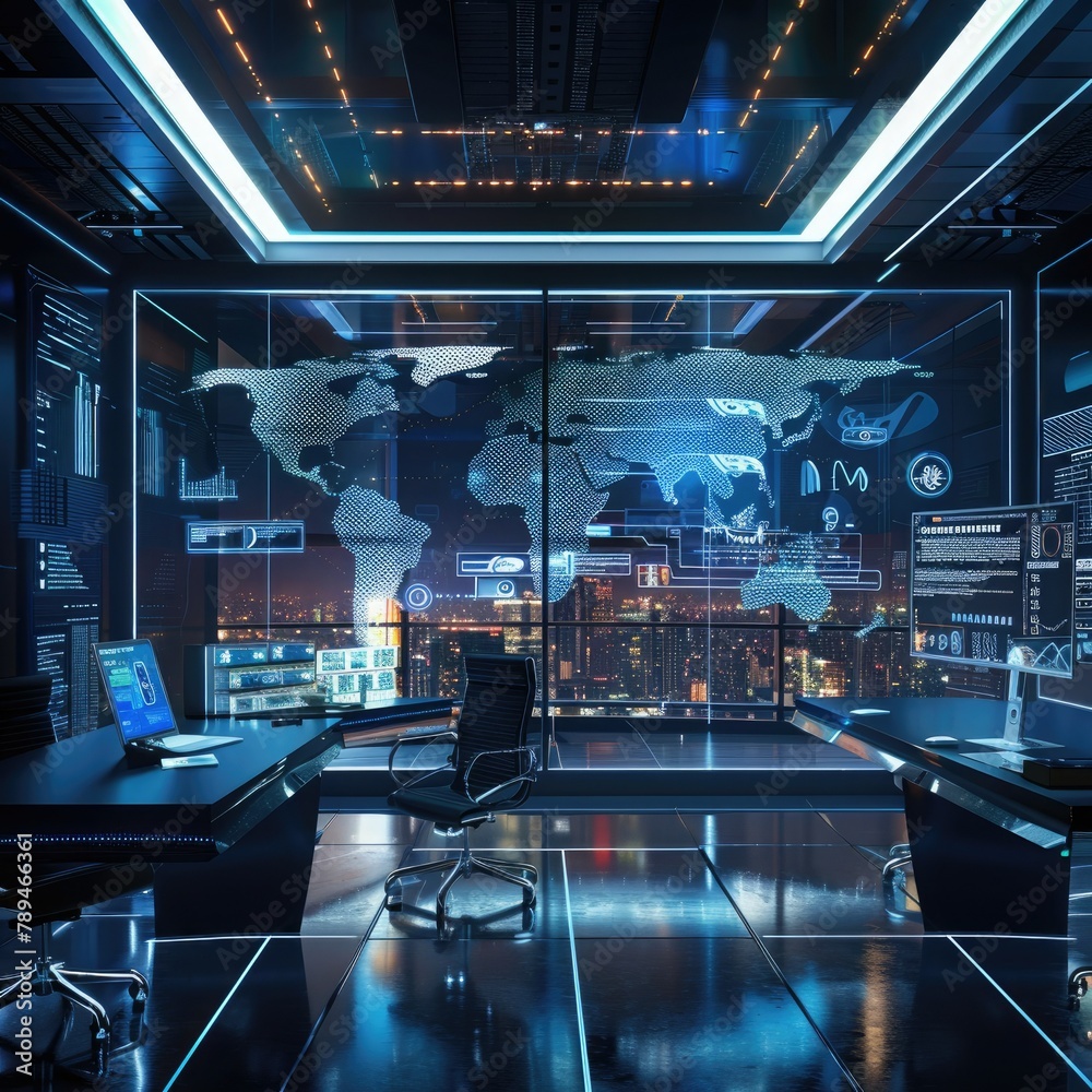 Poster A futuristic office environment with holographic displays showing real-time time tracking data. 