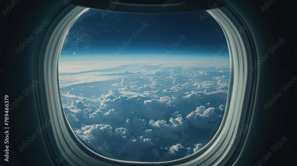 Poster a scenic view of the sky from an airplane window. suitable for travel and aviation concepts