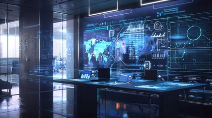 A futuristic office environment with holographic displays showing real-time time tracking data. 