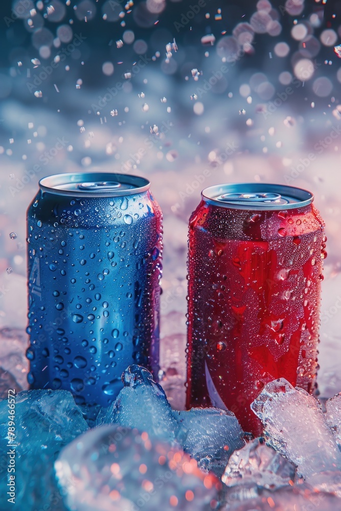 Poster Two cans of soda sitting on top of ice. Perfect for summer drink concepts