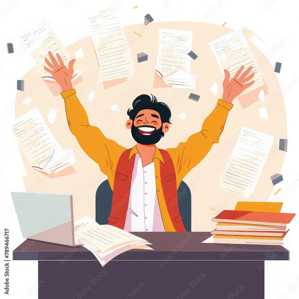 Poster an employee feeling relieved after successfully submitting their time sheet before the deadline.