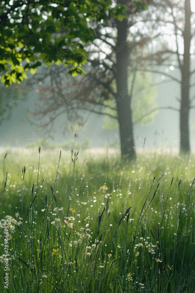 Poster beautiful field of grass and flowers with trees in the background. great for nature and outdoor conc