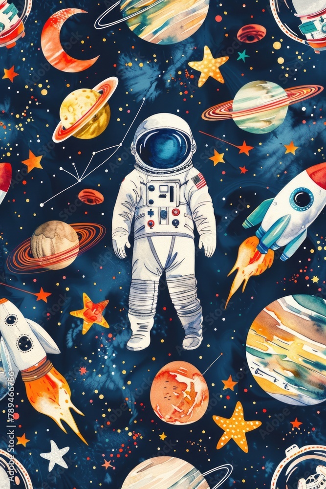 Poster an astronaut in a space suit surrounded by planets. suitable for science fiction or educational proj
