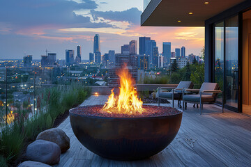 A round fire bowl placed on an outdoor deck, surrounded by comfortable seating and ambient lighting, creating the perfect setting for relaxation in nature. Created with Ai - obrazy, fototapety, plakaty
