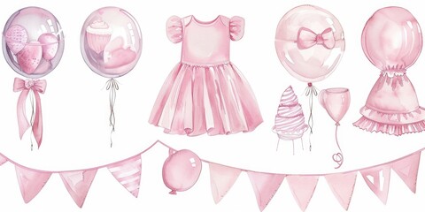 A festive display of pink balloons, a dress, and decorations. Perfect for celebrations and special events