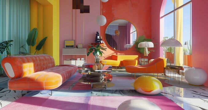 Colorful 3D home environment with modern furniture and design elements