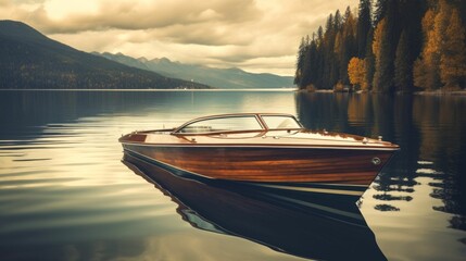 Serenity on the Water: Classic Wooden Speedboat on a Tranquil Lake. Generative ai