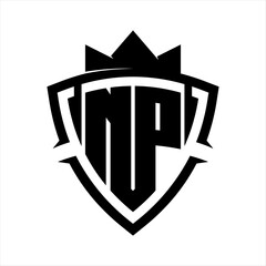 NP Letter bold monogram triangle curve shield shape with crown black and white background color design © priyo